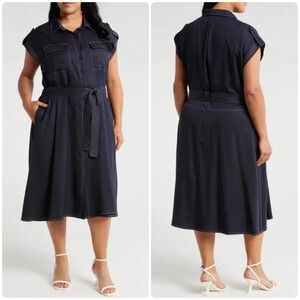 NWT Ciebon Womens‎ Nautical Summer Josette Belted Midi Shirtdress Size 1X Navy